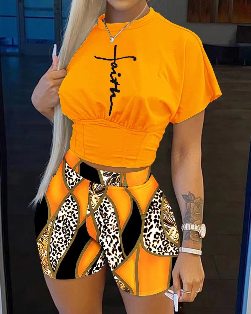 Women Two Piece Short Sets Round Neck Crop Tops Pullovers High Waist Shirts Elastic Waist Shorts Matching Sets Y2k Summer