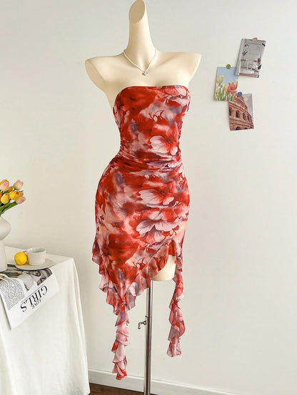 New spring/summer ladies sexy strapless, backless hemline irregular mini dress