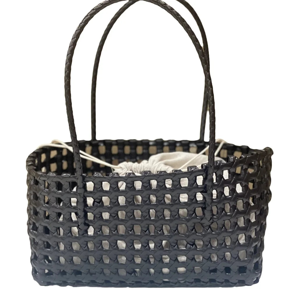 Plastic Hollow Weave Bag Countryside Style Bohemian Style Beach Tote Bag Large Capacity Bucket Bag Vegetable Basket Bag Black with Lining