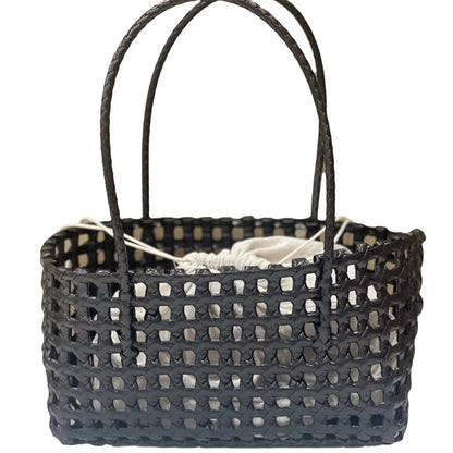 Plastic Hollow Weave Bag Countryside Style Bohemian Style Beach Tote Bag Large Capacity Bucket Bag Vegetable Basket Bag Black with Lining