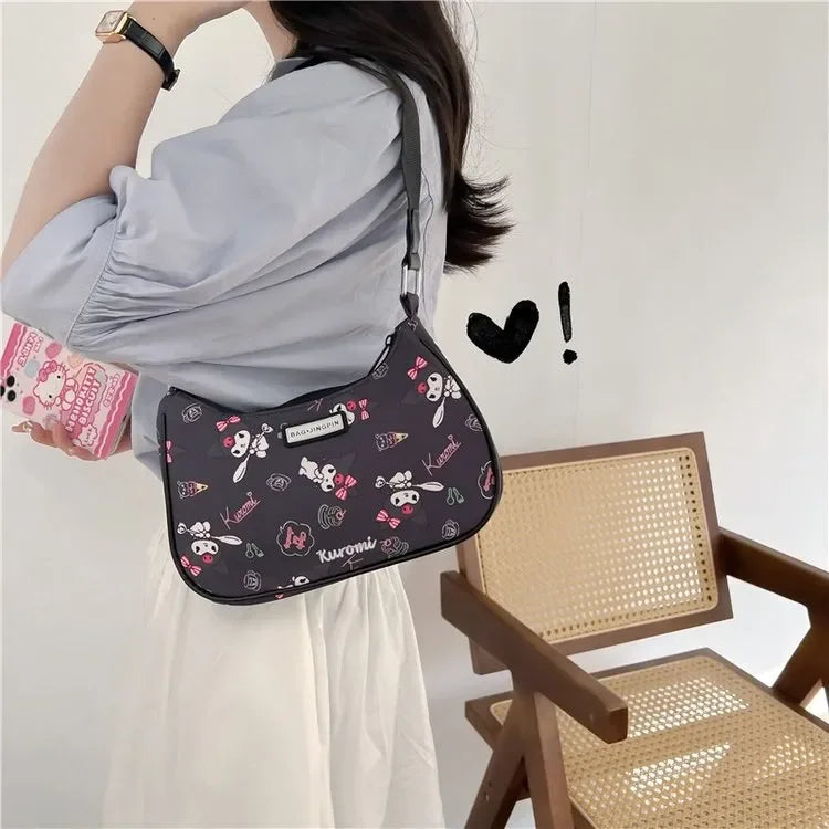 Miniso Hello Kitty Underarm Bag for Women Y2K Sanrio Kuromi Mymelody Messenger Tote Bag Cute Girls Shoulder Bag Purses Handbag Kuromi 24x17x7cm