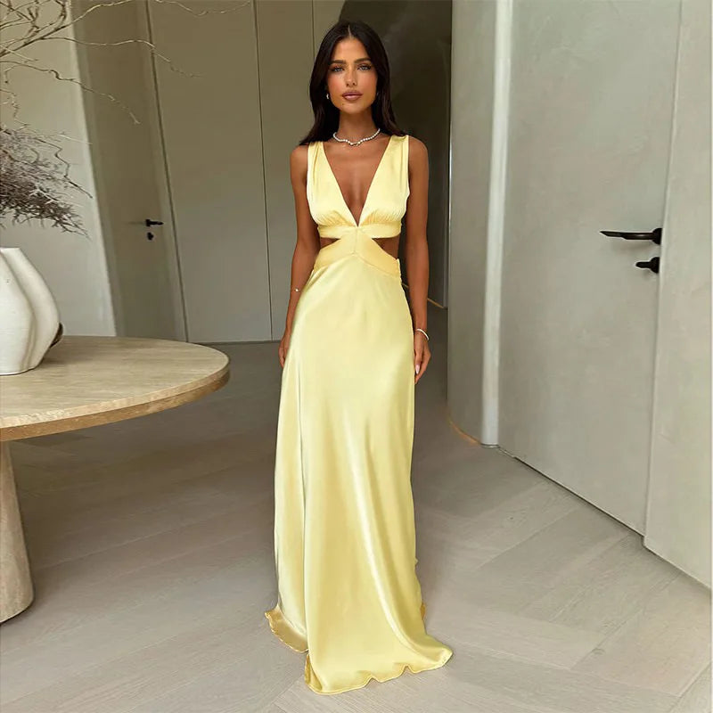 Tornova Deep V neck Hollow Long Dress Female Sleeveless Slit Beach Vacation Dress Solid Color High Waist Bodycon Women's Dress