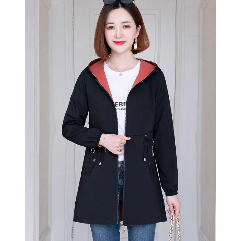 Double-Sided Trench Coat Women 2023New Fashion Spring Autumn Clothes Hooded Mid-Length Windbreakers Female Outerwear Casual Tops