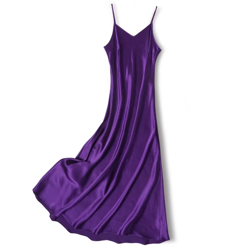 Small Heavyweight 21MM 100% Natural Mulberry Silk Plain Satin French V-neck Diagonal Cut Women's Sexy Solid Suspender Dress Badiee Stylez