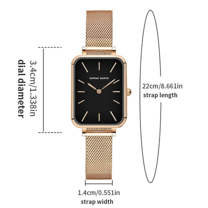 Square Women Stainless Steel Mesh Strap Watch Fashion Japanese Movement Rose Gold Simple Leisure Fashion Hannah Martin Watches