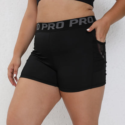 Plus Size Women Letter Shorts for Mesh Pocket Black High Waist Yoga Shorts For Fitness Running Workout Woman Pants 0XL-4XL
