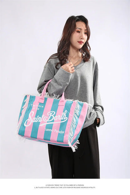 European and American Letters Tassel Canvas Bag Arge Capacity Handbags Travel Women Beach Tote Bag Fashion Casual Shopping Bags