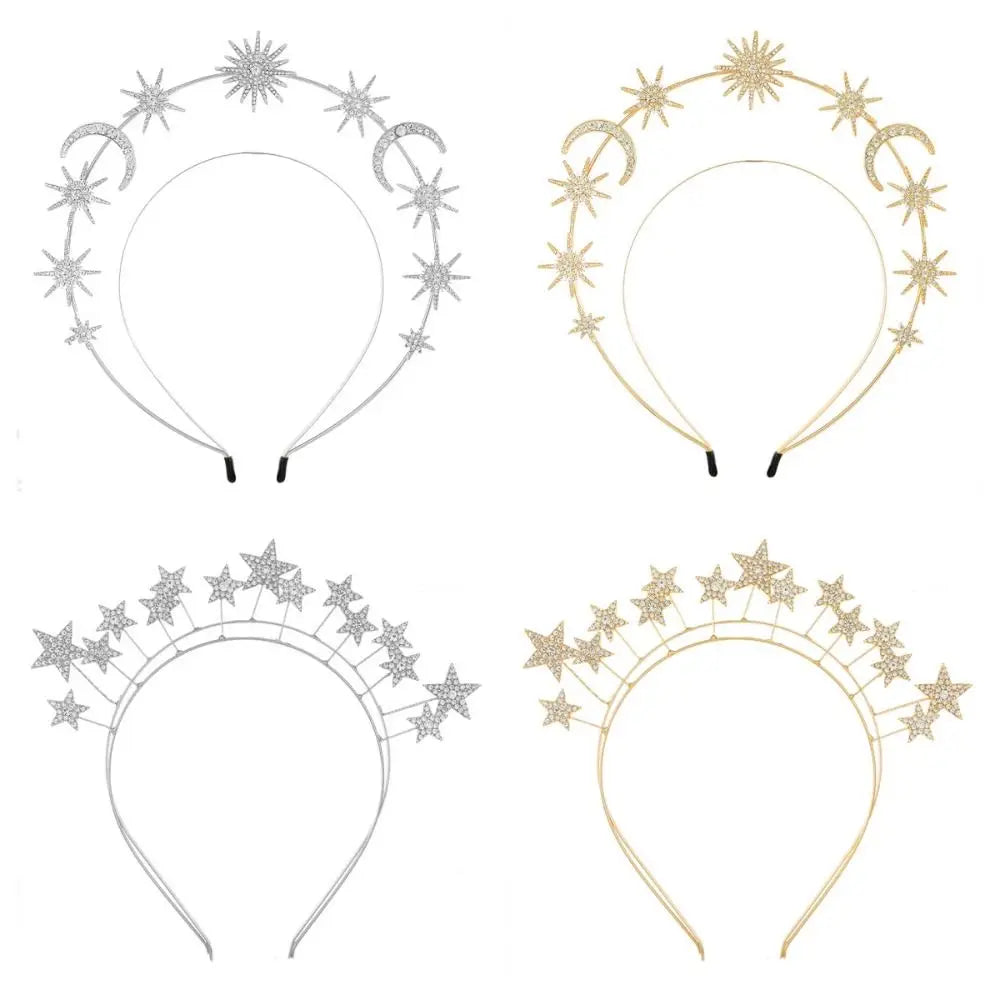 Exaggerated Metal Star Hair Hoop Silver Princess Halo Crown Bridal Hair Tiara Rhinestone Baroque Hairbands Children