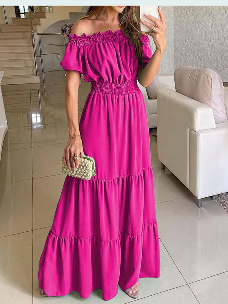 2025 Summer Solid Boho Dress Women Fashion Elegant Beach Party Dress Casual Slash Neck Office Maxi Dresses For Woman Robe Femme