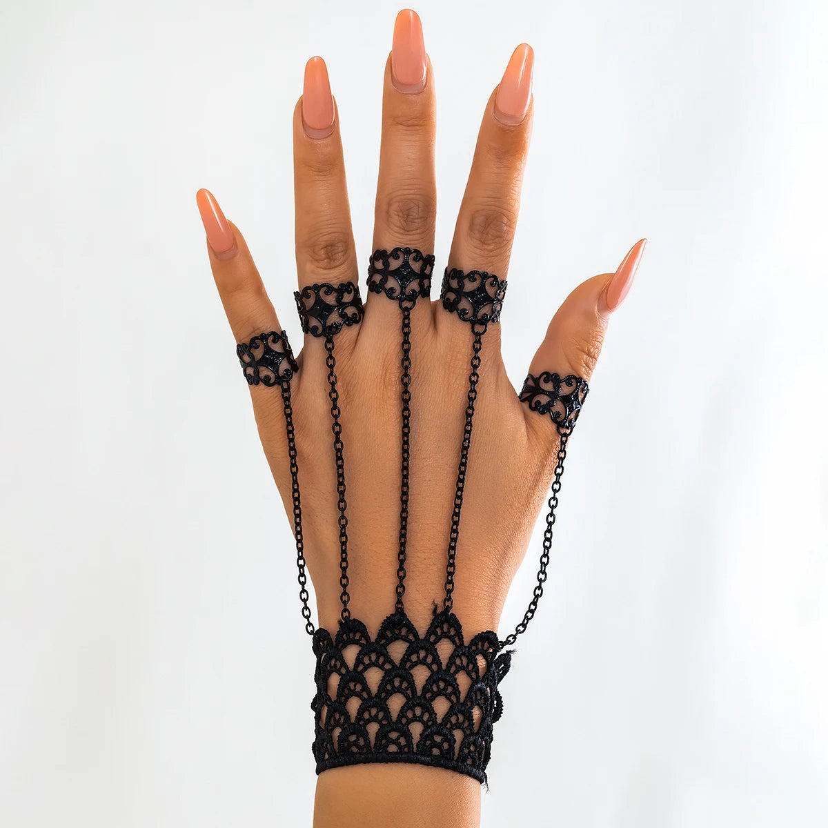 Creative Vintage Black Lace Finger Wrist Chain Rings Bracelets for Women Metal Connecting Hand Harness Bangles Christmas Jewelry