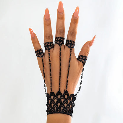 Creative Vintage Black Lace Finger Wrist Chain Rings Bracelets for Women Metal Connecting Hand Harness Bangles Christmas Jewelry