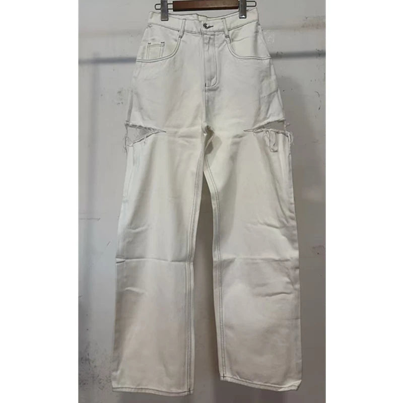 Dave&Di Summer British High Street Retro Loose Jeans With High Waist Wide Legs Broken Jeans For Women Boyfriend Style Mom Jeans Beige