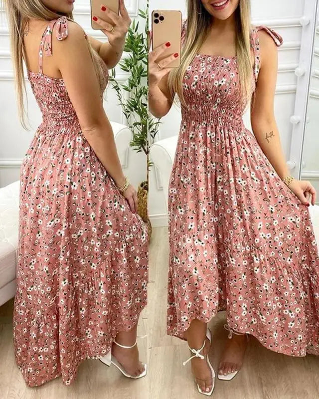 Summer Sexy Spaghetti Strap Floral Print Maxi Dress For Women Casual Elegant Chest Wrap Long Woman Beach Dress Holiday Pink