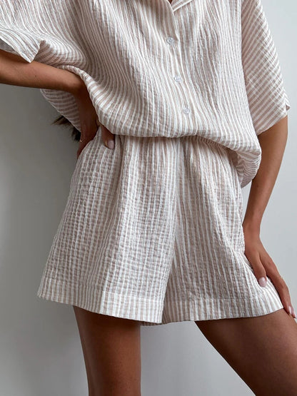 Hiloc Elegant Cotton Stripe Shorts Suits Pajamas Summer Short Sleeve Blouse With Elastic Waist Shorts 2 Piece Sets Home Outfits