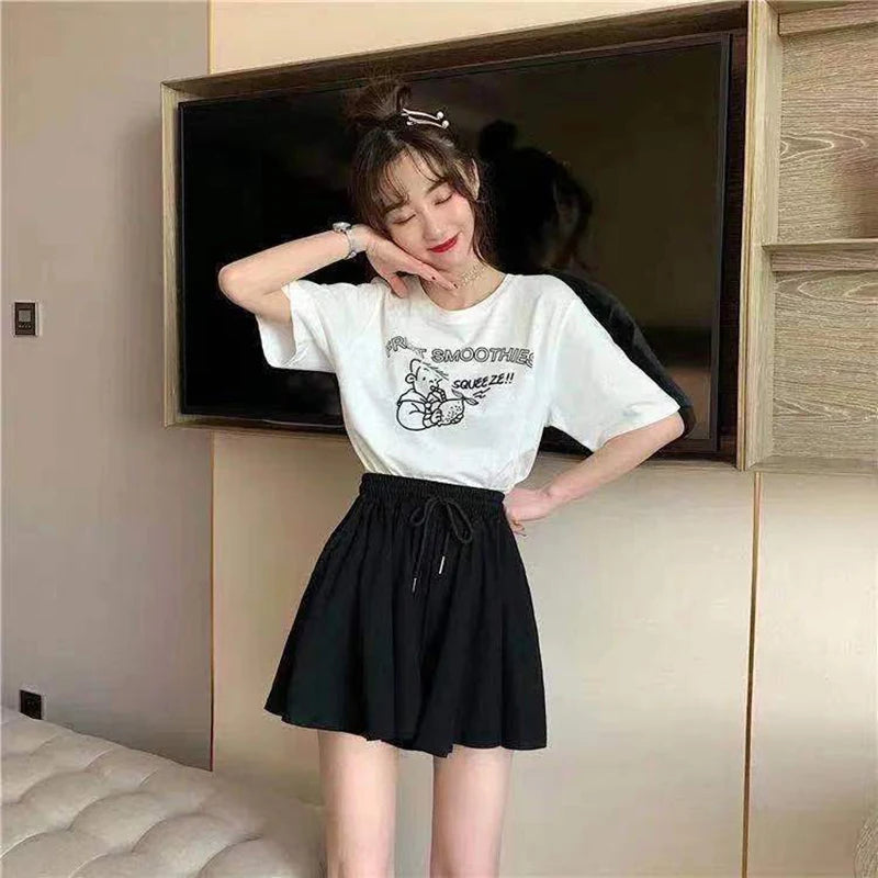 MEXZT 5Xl Summer Shorts Skirts Women Elastic High Waist Casual Wide Leg Shorts Korean A Line Loose Mini Skirt Black Short Pants