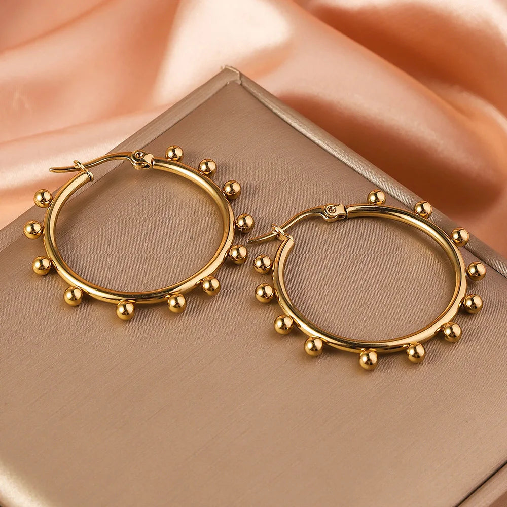 Stainless Steel Women's Hoop Earrings, Non Fading Fashionable Gold Color Metal Bead Earrings, Classic Jewelry Accessories