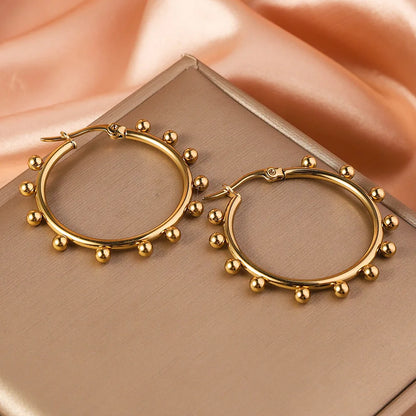 Stainless Steel Women's Hoop Earrings, Non Fading Fashionable Gold Color Metal Bead Earrings, Classic Jewelry Accessories
