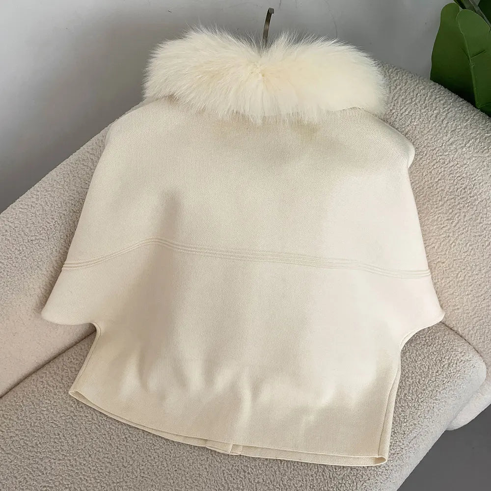 FURYOURSELF 2025 New Real Fox Raccoon Fur Collar Coat Knitted Sweater Women Short Sleeve Jacket Thick Warm Outerwear streetwear