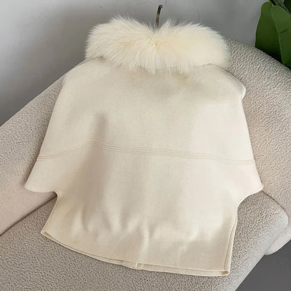 FURYOURSELF 2025 New Real Fox Raccoon Fur Collar Coat Knitted Sweater Women Short Sleeve Jacket Thick Warm Outerwear streetwear