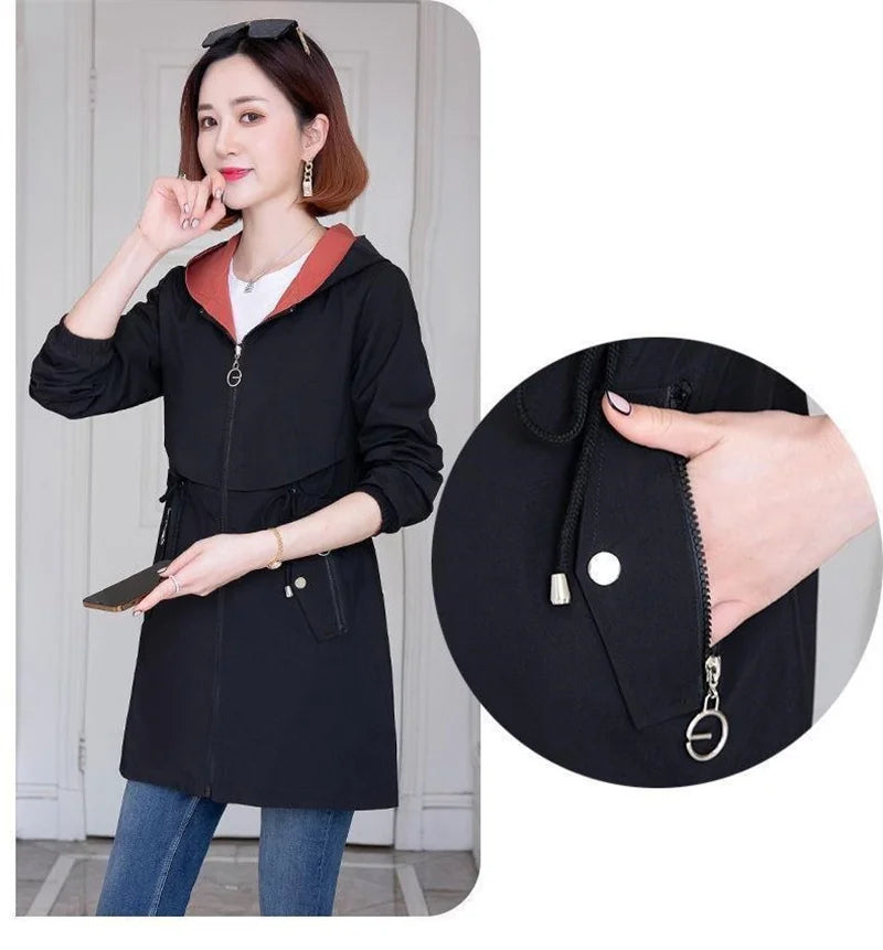 Double-Sided Trench Coat Women 2023New Fashion Spring Autumn Clothes Hooded Mid-Length Windbreakers Female Outerwear Casual Tops