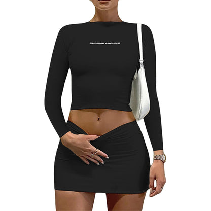 Women Sexy Skirt Set Fashion Solid Crop T-shirt Long Bodycon Skirts Ladies Summer 2 Piece Bodysuit Chic Outfit Black 2
