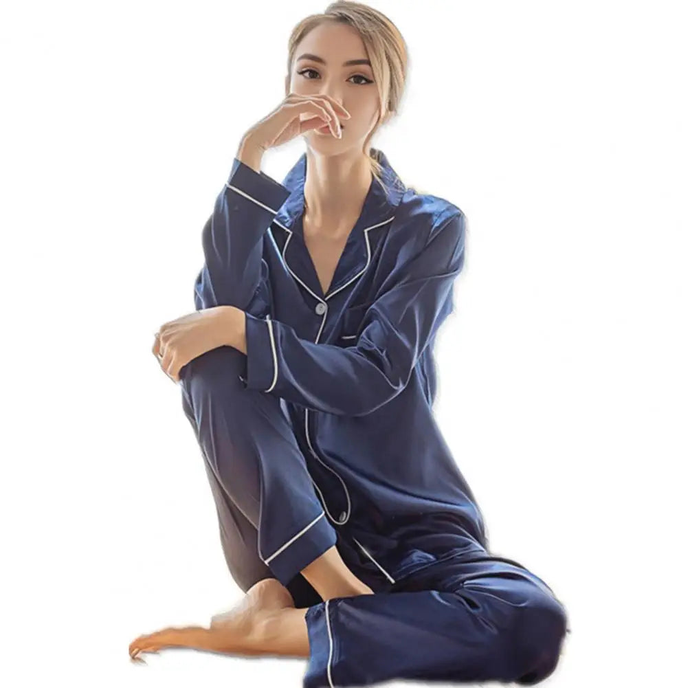 Women Two-piece Pajama Set Classic Design Sleepwear Elegant Women's Silk Pyjama Set with Long Sleeve Button Top Elastic for Home