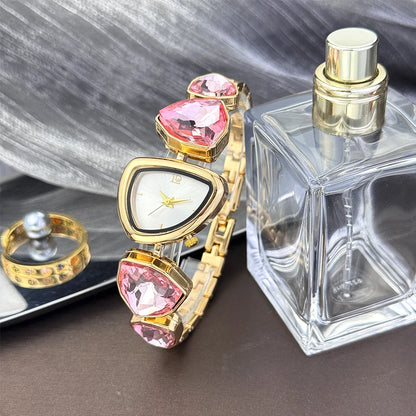 Women's irregular shape large sparkling special-shaped rhinestone simple sun pattern dial Fashion trend avant-garde quarts watch Pink