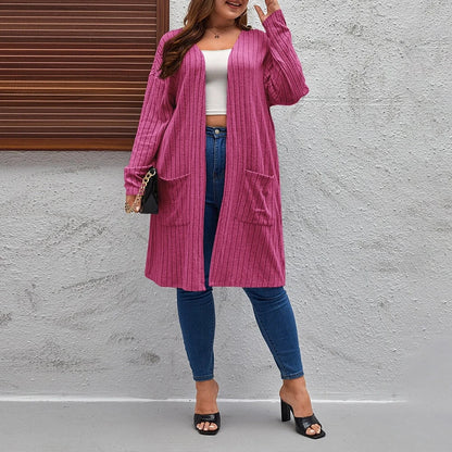 Plus Size Women's Solid Ribbed Long Sleeve Pockets Cardigan Tops Spring Autumn Ladies Casual Coatigan Outwear Size 1XL-5XL
