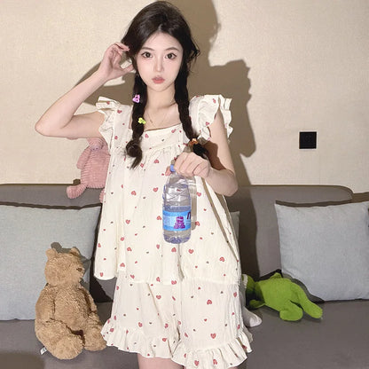 Summer Pajamas Loungewear Set Women's Summer Suspender Pajama Set Student Vest Shorts Foam Insy Style Two-Piece Loungewear Set Red8823