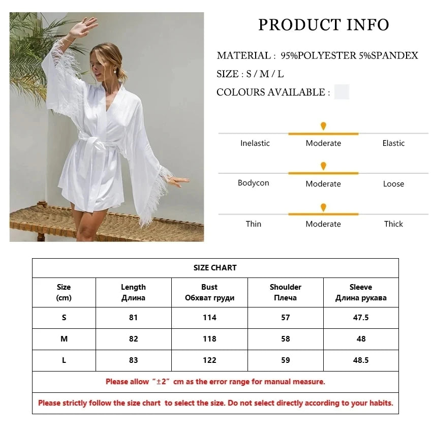 Feathers Patchwork Women'S Robe Sexy V-Neck Sleepwear Long Sleeve Lace Up Bathrobe Causal White Ladies Home Clothes