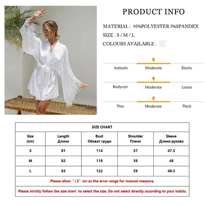 Feathers Patchwork Women'S Robe Sexy V-Neck Sleepwear Long Sleeve Lace Up Bathrobe Causal White Ladies Home Clothes