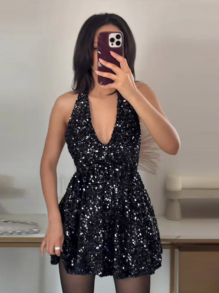 Sexy Sequins Short Black Party Dresses for Women Halter V Neck Backless Sparkly Ruffles Woman Mini Dress 2025 New Club Gowns