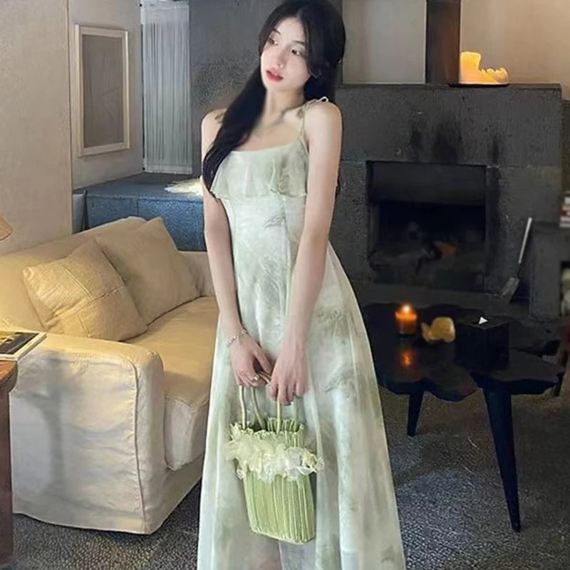 Women's Tie-Dye Floral Sleeveless Halter Dress Summer Waist Slim Long Dress Ruffle Leaf Hem Halter Tenderness Dresses