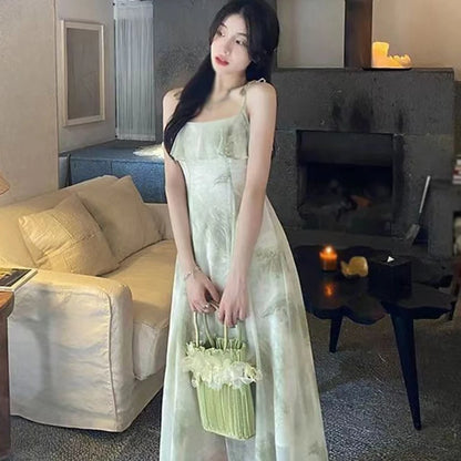 Women's Tie-Dye Floral Sleeveless Halter Dress Summer Waist Slim Long Dress Ruffle Leaf Hem Halter Tenderness Dresses