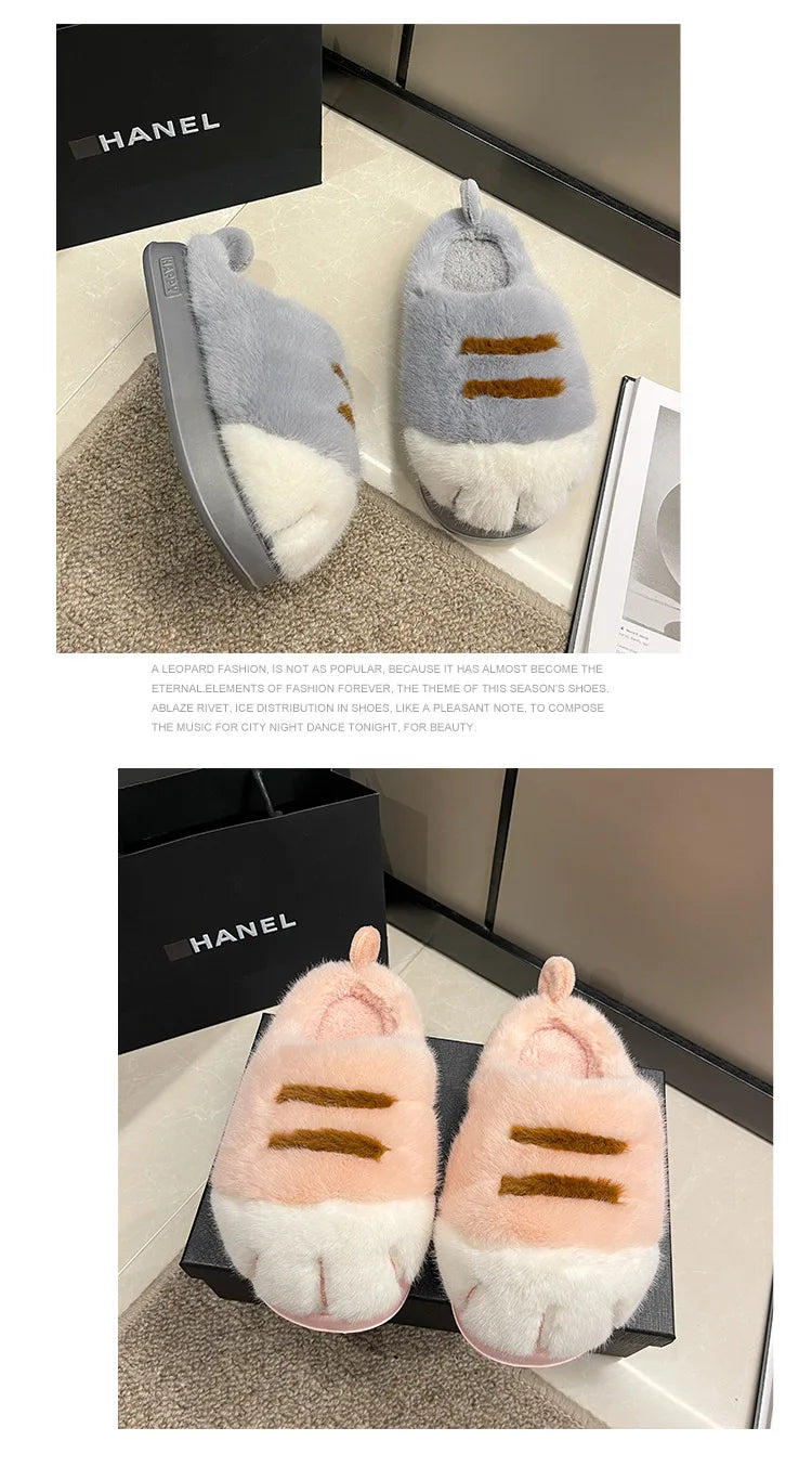 New Adorable Kitty Claw Slippers Women's Home Shoes Non Slip Furry Mules Female Fashion Warm Fluffy Slides Outdoor Cat Slippers Badiee Stylez