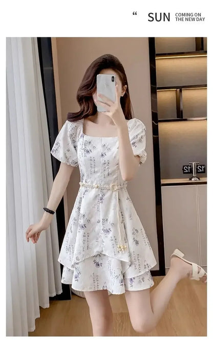 Square Neck Short-sleeved Women 2025 Summer New Chinese Puff Short-sleeved Retro Waist-hugging A-line Dress