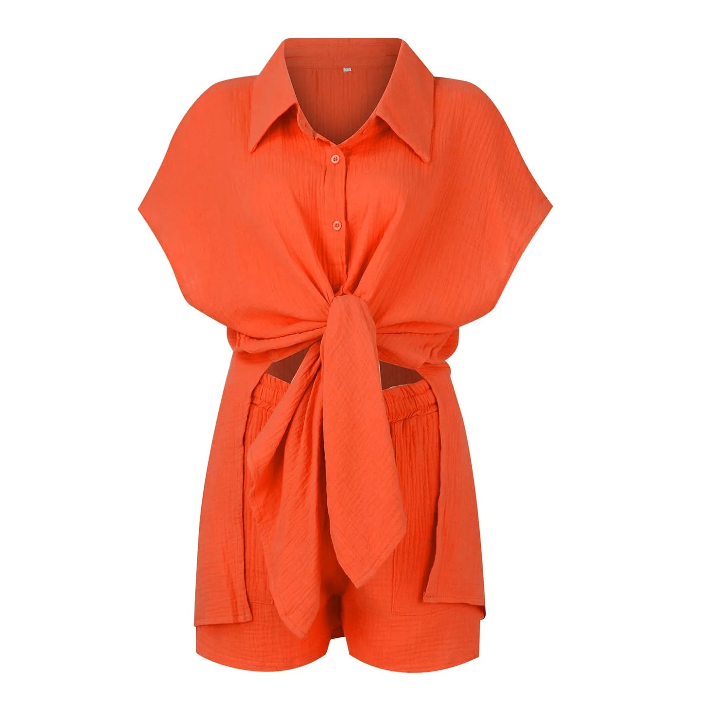 Summer cotton and linen solid color shirt short sleeved casual shorts set Orange Red