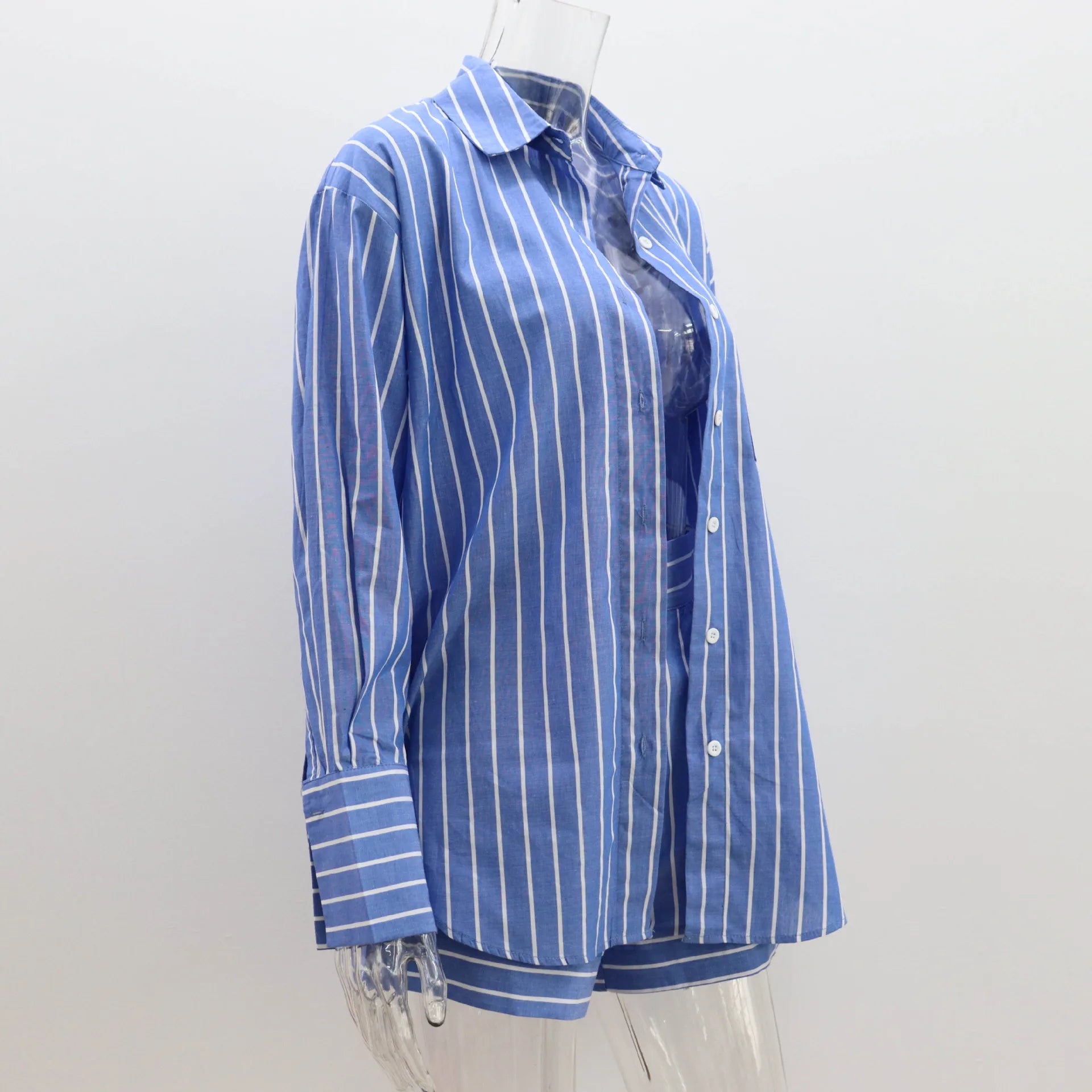 Striped Two Pieces Shorts Set Summer Long Sleeve Turn Down Collar Button Cotton Long Shirts Tops Women Clothing Casual Outfits