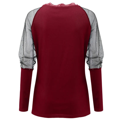 Elegant Mesh Blouse Women Slim Elastic V-neck Printed Lace Sexy Long Sleeve Top Fashion Streetwear Tops Blusas Mujer De Moda