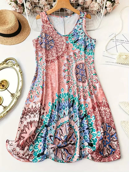 plus Size Printed Casual V-Neck Geometric Pattern Sleeveless Dress for Women