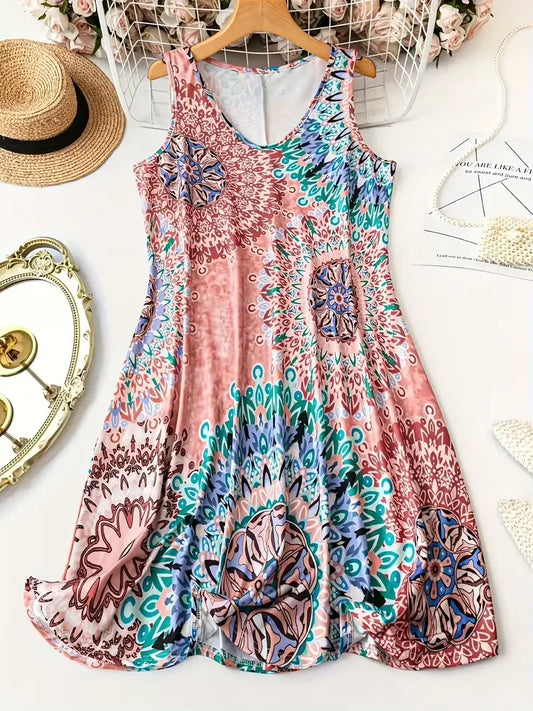 plus Size Printed Casual V-Neck Geometric Pattern Sleeveless Dress for Women