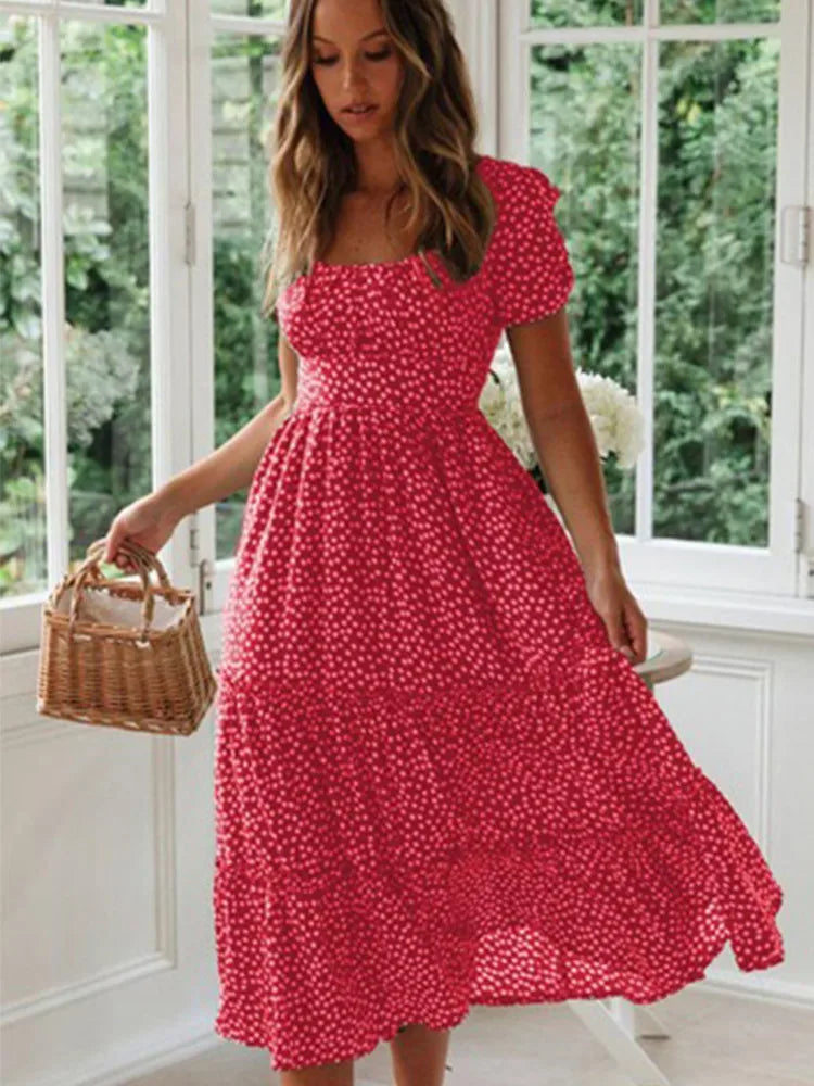 Vestidos Vintage Vintage Print Puff Sleeve summer Beach sweet dresses Casual Square collar floral maxi long dress festa Red