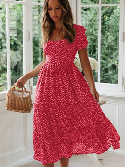 Vestidos Vintage Vintage Print Puff Sleeve summer Beach sweet dresses Casual Square collar floral maxi long dress festa Red