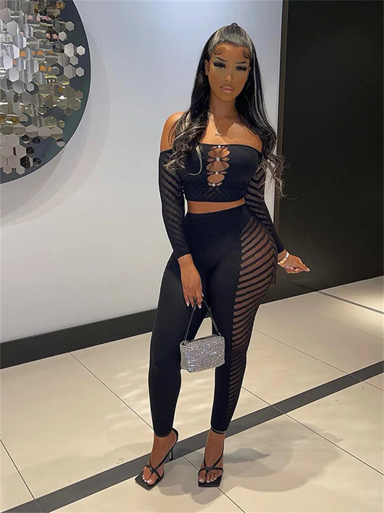 Simenual Baddie Fashion Mesh Tansparent Two Piece Sets Hotsweet Sexy Hollow Out Crop Tops Skinny Pants High Elastic Co Ord Suits black One Size