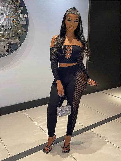 Simenual Baddie Fashion Mesh Tansparent Two Piece Sets Hotsweet Sexy Hollow Out Crop Tops Skinny Pants High Elastic Co Ord Suits black One Size