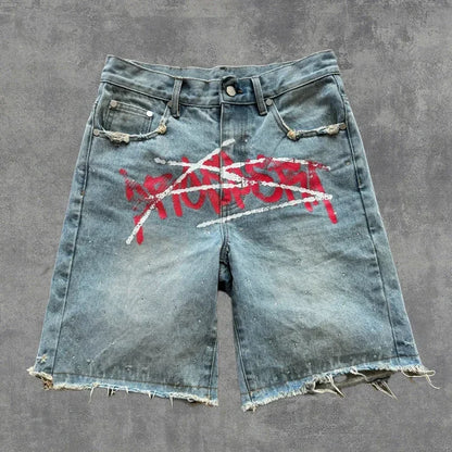 Couple summer washing fashion rhinestone striped two-piece set of denim shorts original color casual printing five-point pants