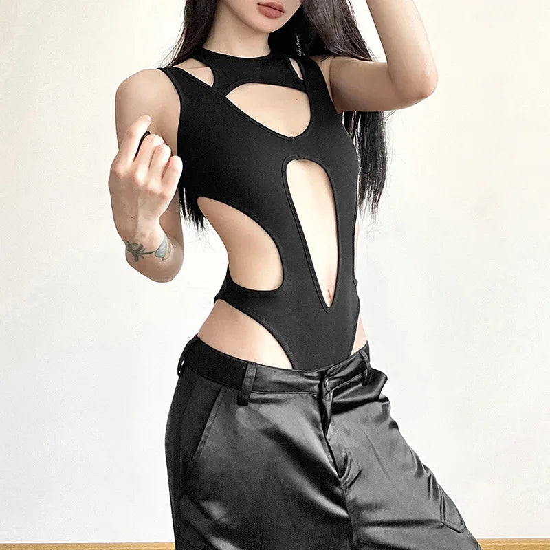 Gothic tops Y2k clothes sexy spicy hollow out bodysuit nigh clubwearr ashion women's patchwork slim fitting jumpsuit top tees
