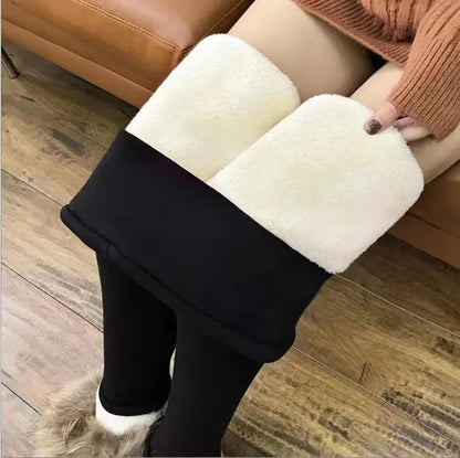 Women Lamb Fleece Leggings Seamless High Waist Thermal Winter Warm Tights Solid Stretchy Casual Pants Female Streetwear Jogger No pattern black
