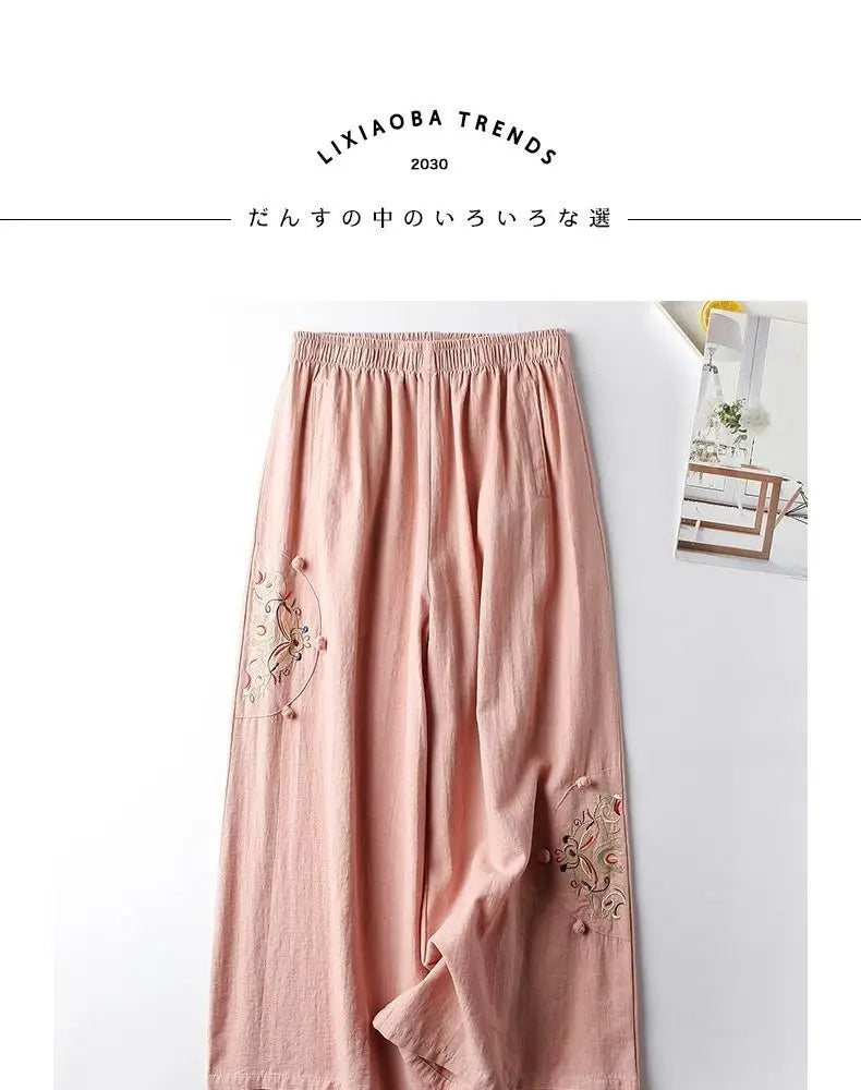 Summer Cotton Linen Cropped Pants Women Casual Thin Vintage Ethnic Bottom Embroidered Wide Leg Pants Woman Clothes Trousers