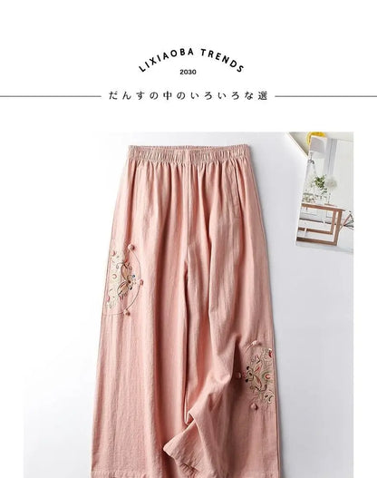Summer Cotton Linen Cropped Pants Women Casual Thin Vintage Ethnic Bottom Embroidered Wide Leg Pants Woman Clothes Trousers